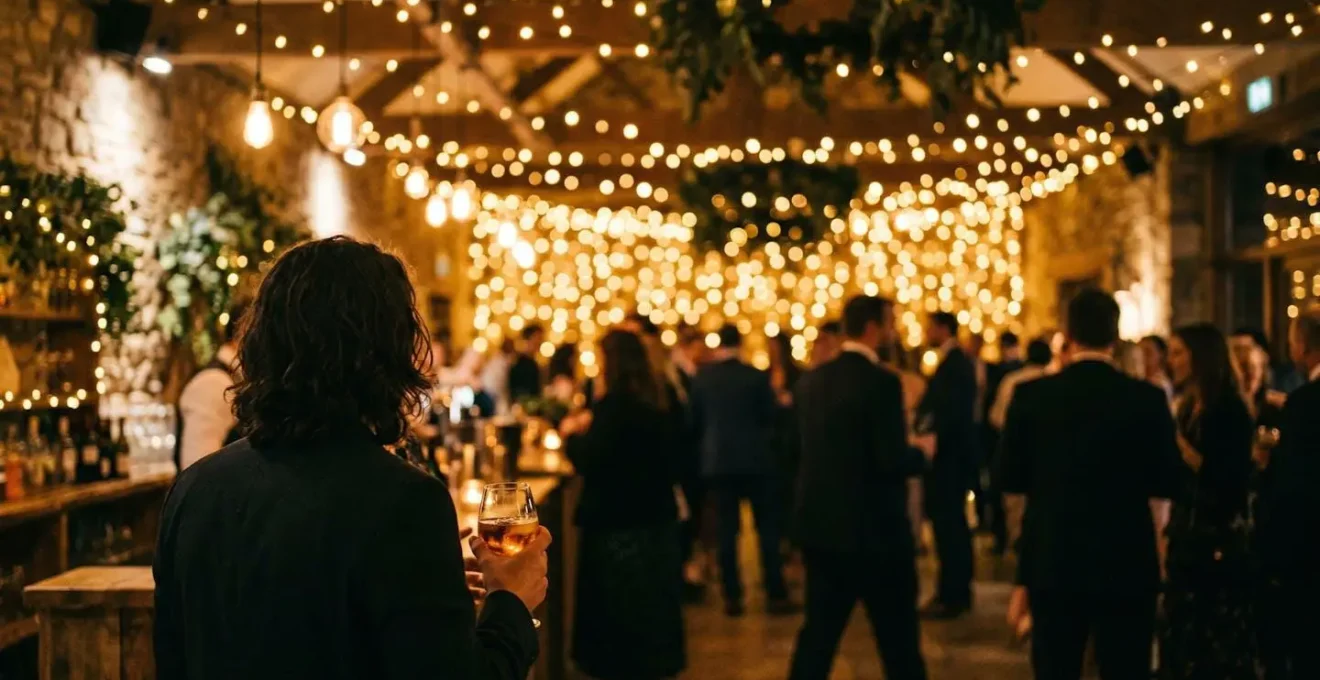 Espace de réception baigné d'une lumière ambrée avec des guirlandes lumineuses créant un bokeh chaleureux en arrière-plan