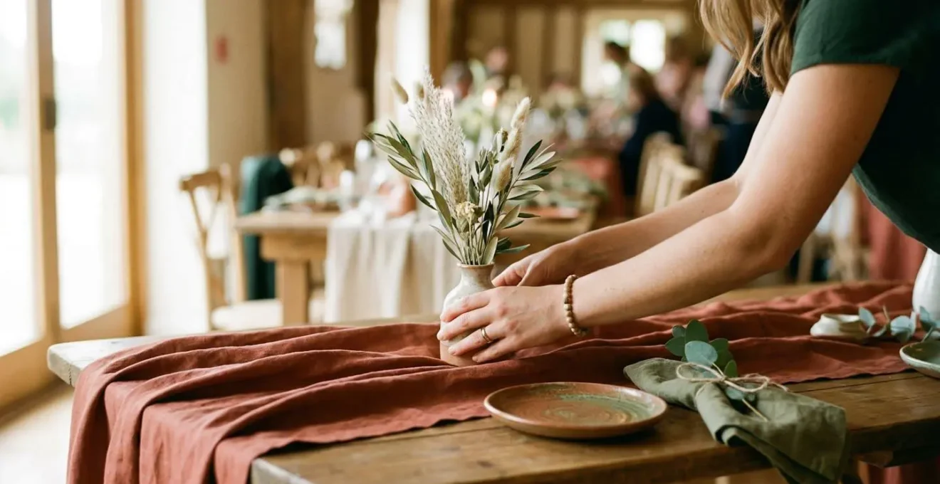 Gros plan sur des mains ajustant des textiles de table dans des tons coordonnés de vert sauge et terracotta