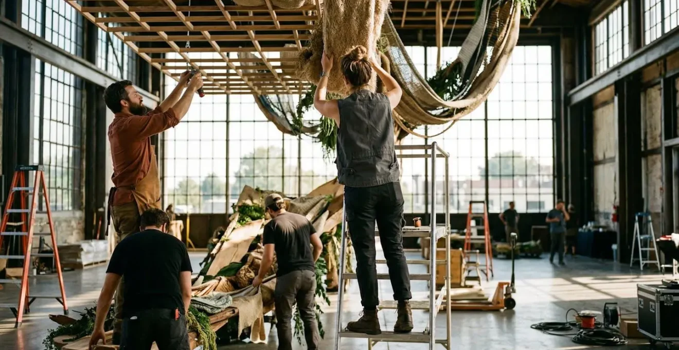 Une équipe de décorateurs vue de dos installe des structures décoratives dans une grande salle de réception baignée de lumière naturelle