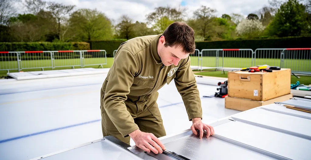 Technicien installant des panneaux de patinoire synthétique