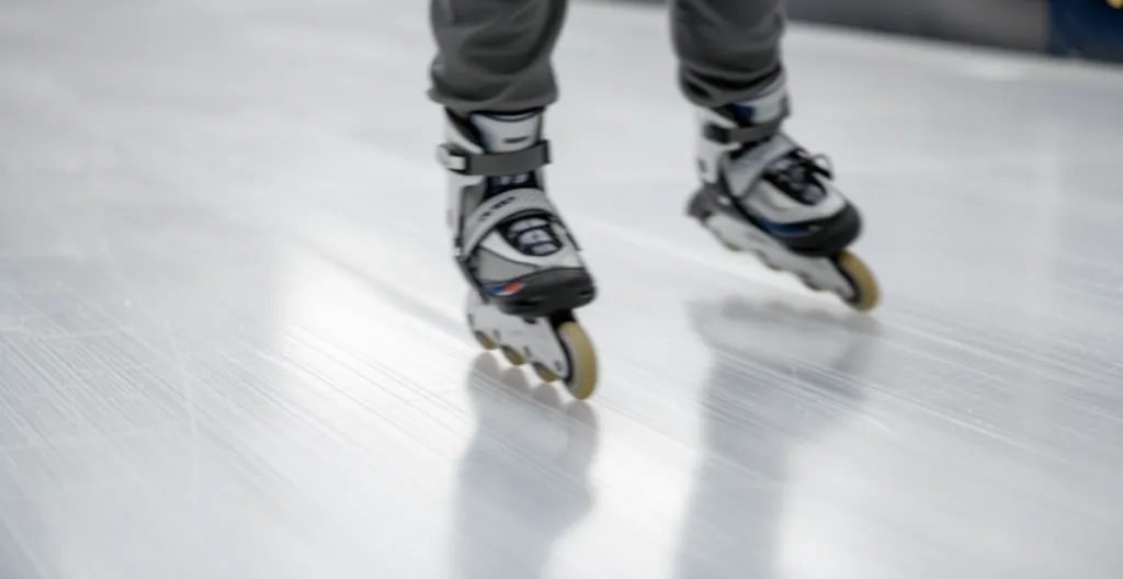 Lame de patin glissant sur une surface de patinoire synthétique