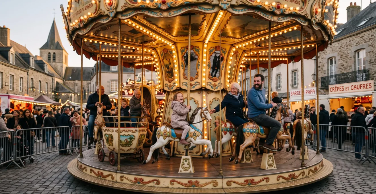 Carrousel forain traditionnel en fonctionnement lors d'un événement en France avec enfants et adultes