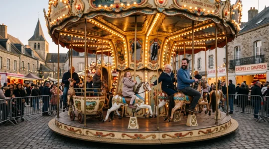 Carrousel forain traditionnel en fonctionnement lors d'un événement en France avec enfants et adultes
