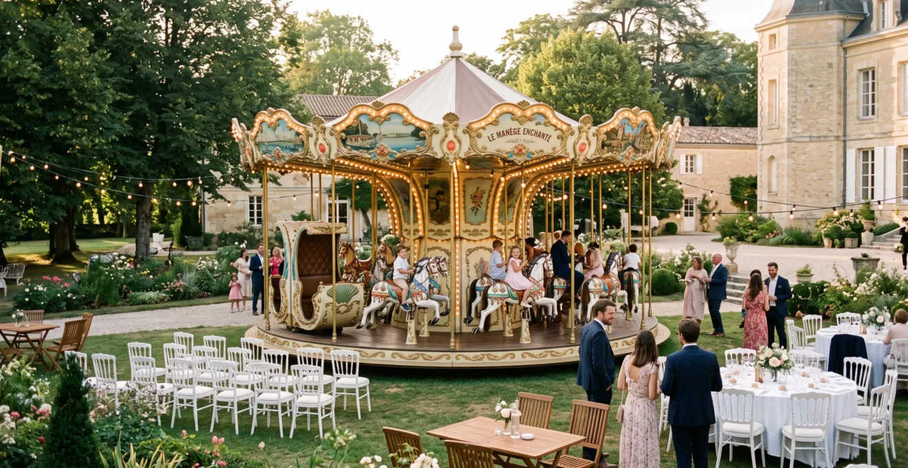 Carrousel forain traditionnel installé dans un jardin élégant pour un événement privé haut de gamme