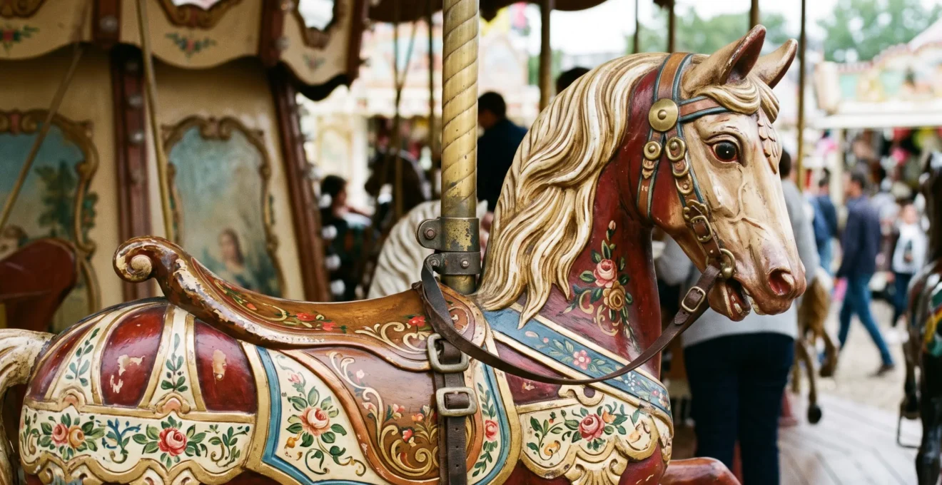 Détail d'un cheval de bois peint à la main sur un carrousel forain traditionnel français