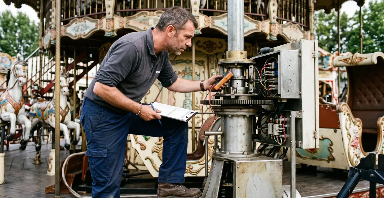 Professionnel forain effectuant une inspection de sécurité sur les mécanismes d'un carrousel