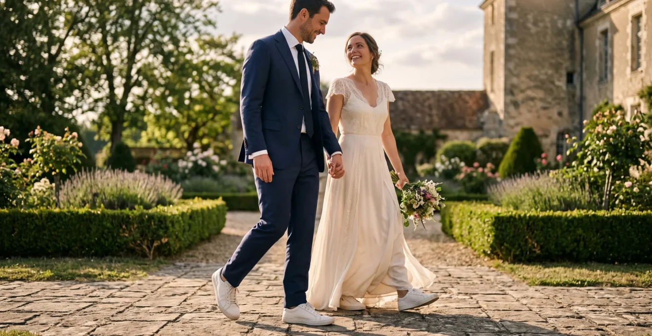 Un couple marié en tenue de cérémonie portant des baskets blanches en cuir marche dans le jardin d'un domaine français