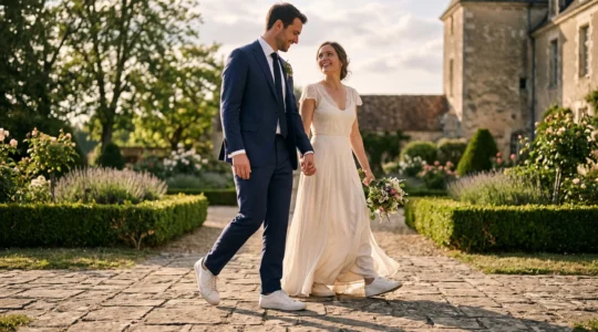 Un couple marié en tenue de cérémonie portant des baskets blanches en cuir marche dans le jardin d'un domaine français