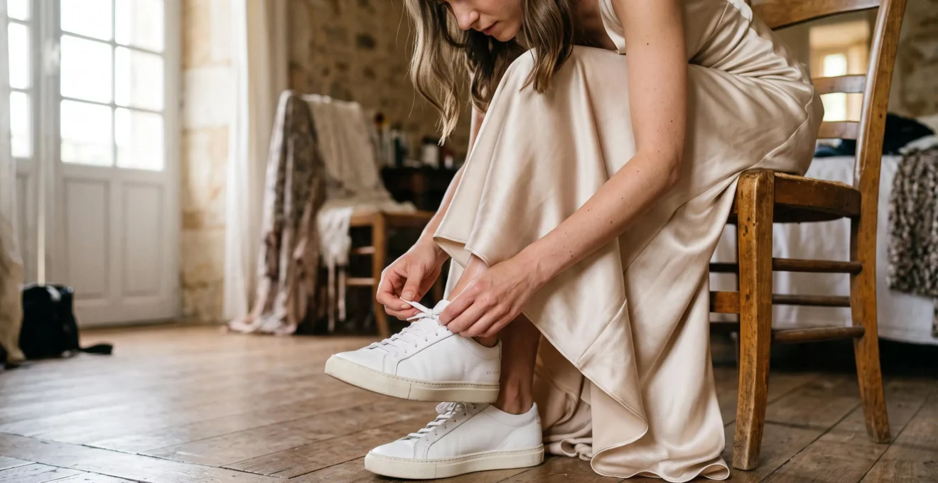 Une femme en robe de satin attache les lacets d'une basket blanche en cuir avant une cérémonie de mariage
