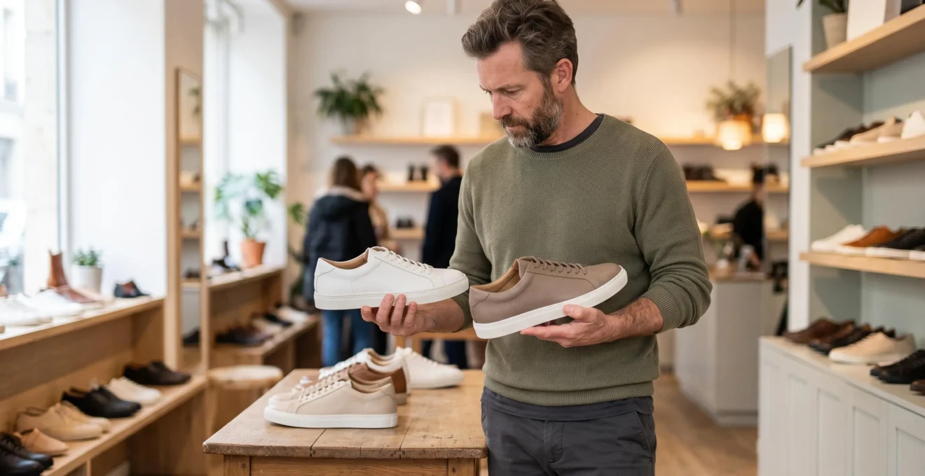 Un homme debout dans une boutique compare deux paires de baskets en cuir tenues dans ses mains